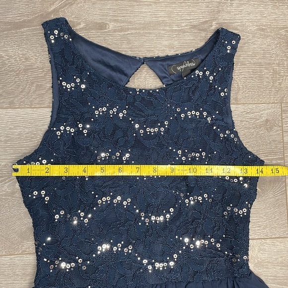 NWT Speechless Navy Cocktail Dress Lace Sequin Cutout Back Detail Chiffon 3 - Picture 9 of 16